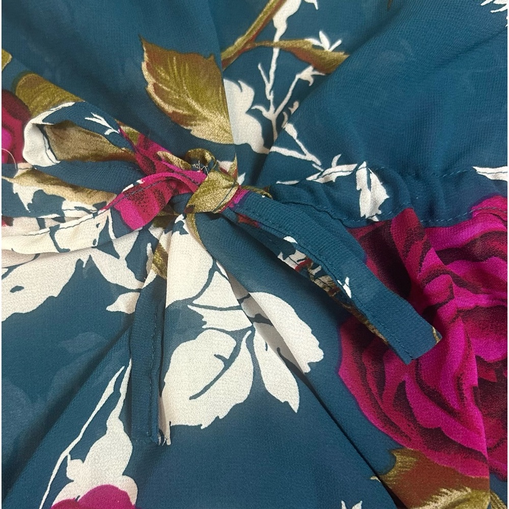 Blue Floral Tie Waist Sheer Blouse Rose Print Top Medium